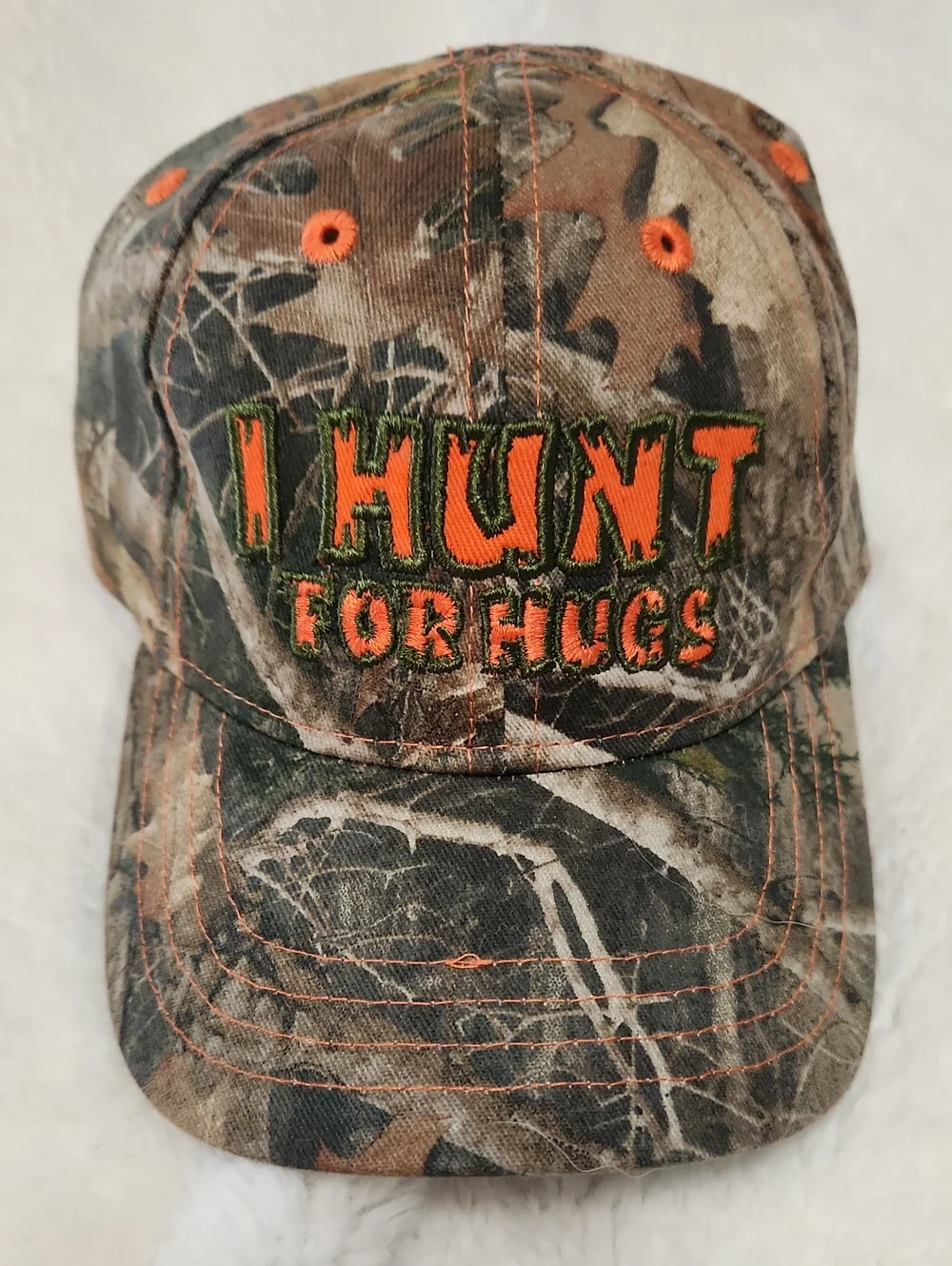 Kid's Camouflage 'I Hunt For Hugs' Baseball Cap - Orange Embroidery